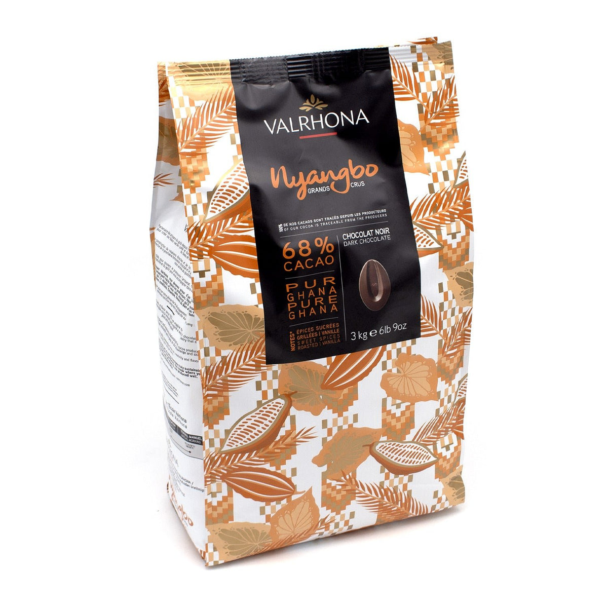 A 3 kg bag of Valrhona Nyangbo 68% Cacao Chocolate Noir, featuring a white and gold leaf-patterned bag with a central black label.