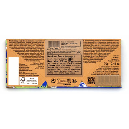 Back view of a chocolate bar packaging with nutritional information and branding.
