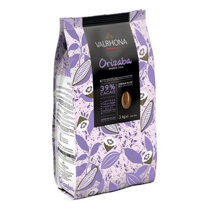 Valrhona chocolate packaging with purple floral design on a white background