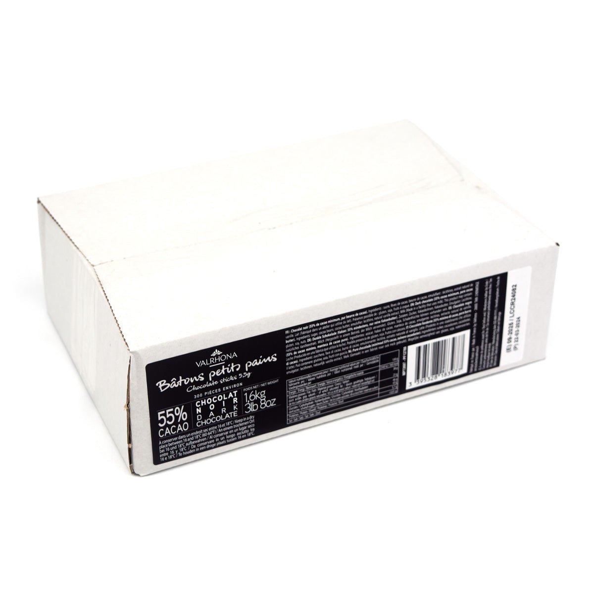 Valrhona chocolate baton packaging with a black label on a white background