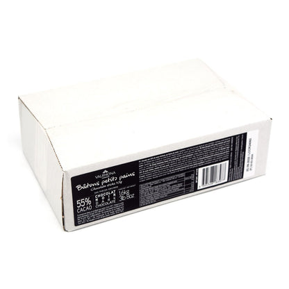 Valrhona chocolate baton packaging with a black label on a white background