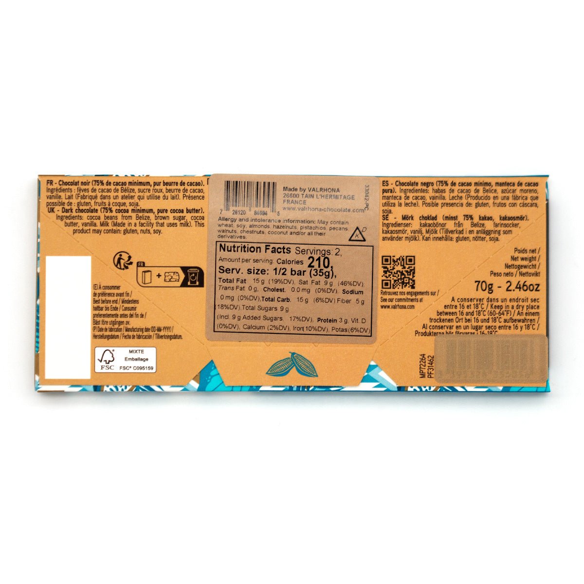 Back of a chocolate bar packaging with nutritional information and branding.