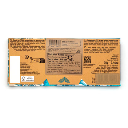 Back of a chocolate bar packaging with nutritional information and branding.