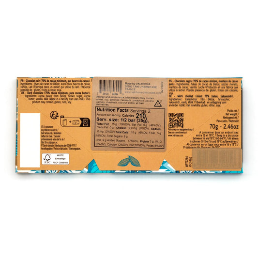 Back of a chocolate bar packaging with nutritional information and branding.