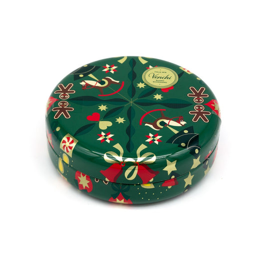Venchi Alice Hoffman Round Metal Christmas Tin with Milk & Dark Chocolate Comets - 7 pc - 86g