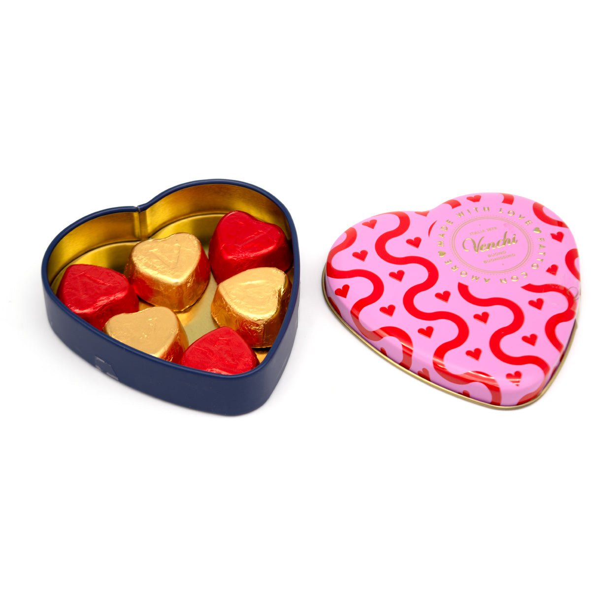 Venchi Heart Shaped Metal Tin with Heart Shaped Chocolates - 6 pc - 48g