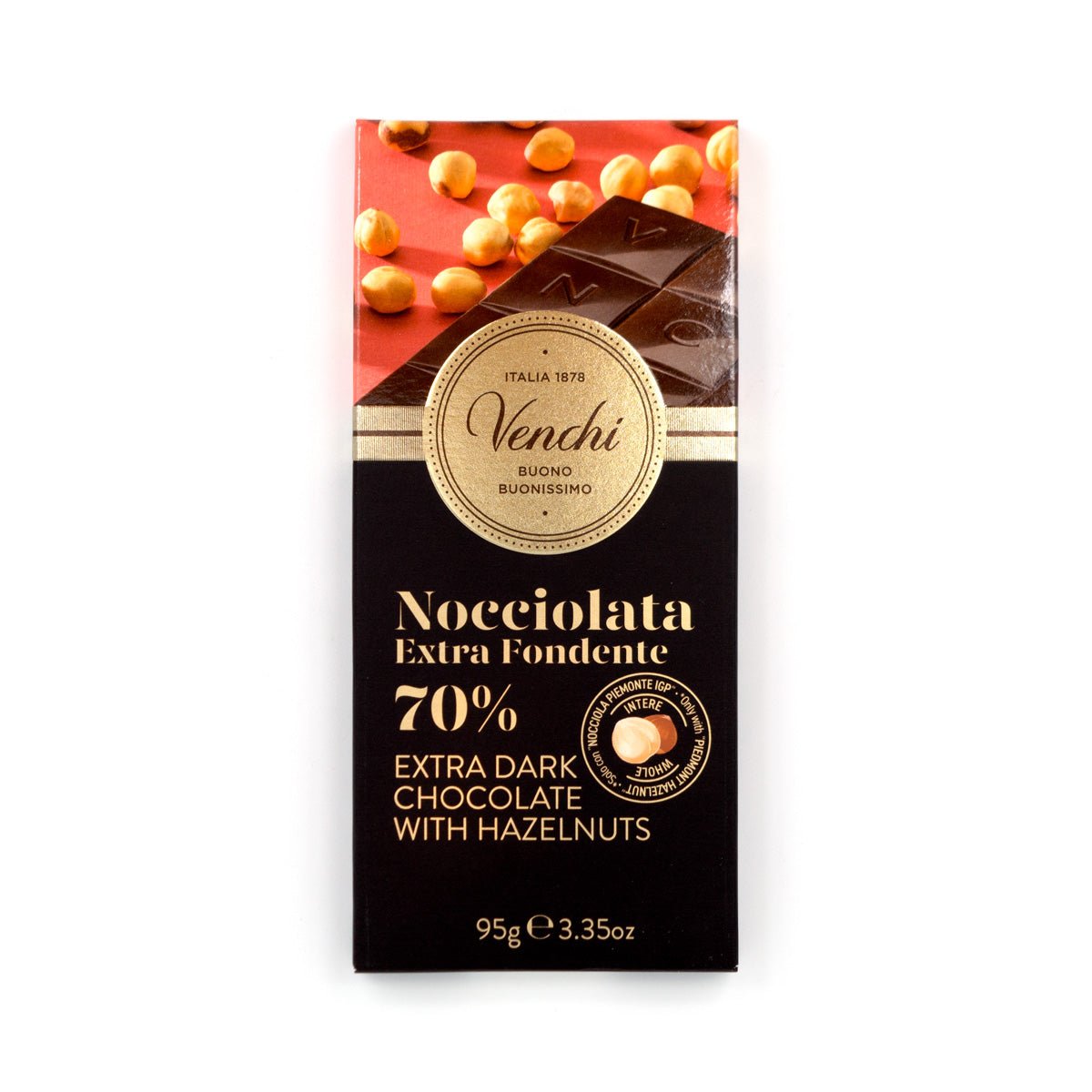 Venchi Nocciolata Fondente 70% Dark Chocolate & Whole Hazelnuts Bar - 95g